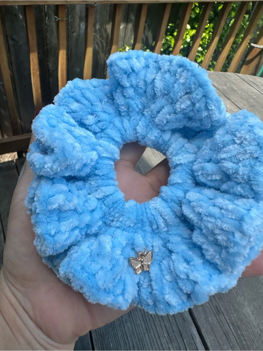Plush Light Blue Fuzzy Scrunchie with Butterfly Charm